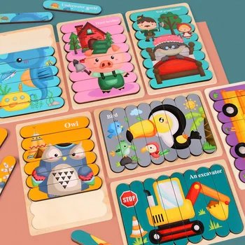 Otroška Lesena Igrača 3D Sestavljanke, Bar Uganke Cartoon Živali Otroci Ustvarjalno Zgodbo Zlaganje Ujemanje Puzzle Novorojenčka Začetku Izobraževalne Igrače