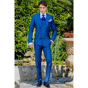 Zadnji Plašč, Hlače Modelov Royal Modra italijanski Moški Obleko Classic Nežen Jopičem Maturantski Jopič Meri 3 Kos Jakno(Suknjič+Hlače+telovnik)