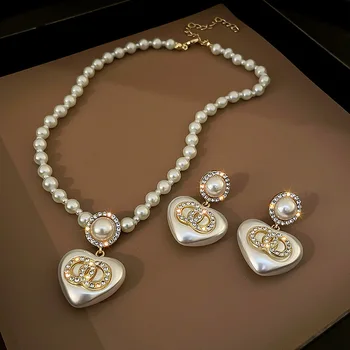 Nov Preprost Modni Diamant Pearl Dvojni Krog Ljubezni S925 Srebrno Iglo Uhani, Ogrlica za Ženske Trendy Stranka Nakit