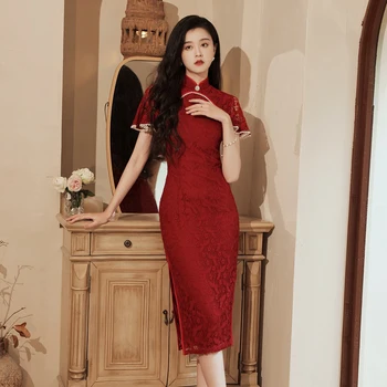 Poročna Obleka Sodobne Cheongsam Poletje Kitajski Državni Retro Slog, Barva Vezenino Čipke Qipao Formalno Stranko Obleke