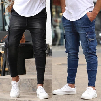 Nova Ulica Slog Mens Jeans široke hlače z veliko žepi Classic Premium Svoboden Delo Črno Modra Estetske Ulične Moških Oblačil
