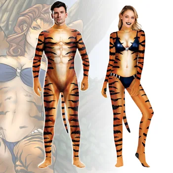 Tiger Vzorec Živali Cosplay Moški Ženske Celotno Telo, Kostum Halloween Tiskanja Zentai Bodysuit Stranka Stopnji Uspešnosti Catsuit Ženske